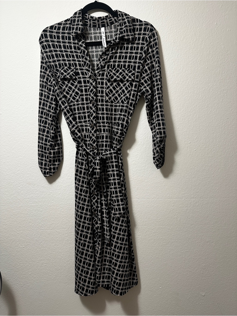 Sexy office Dress - Black & White Geometric Shirt Dress with Tie Waist